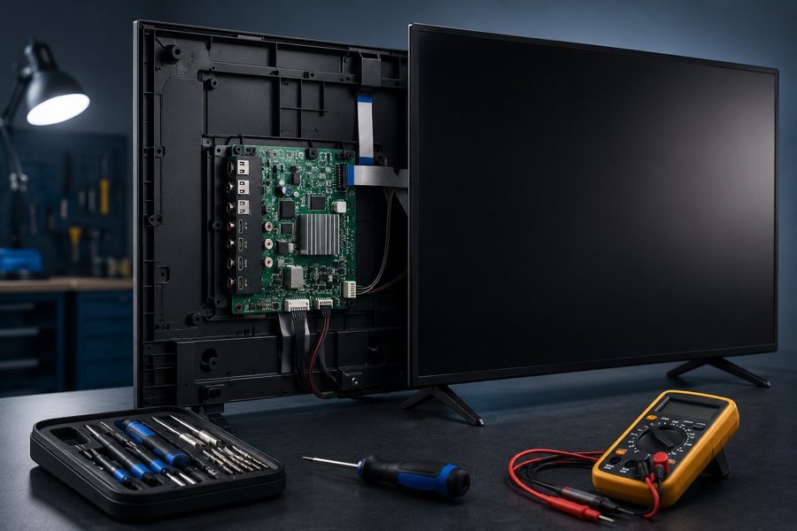 Técnico consertando uma Smart TV em bancada de assistência técnica